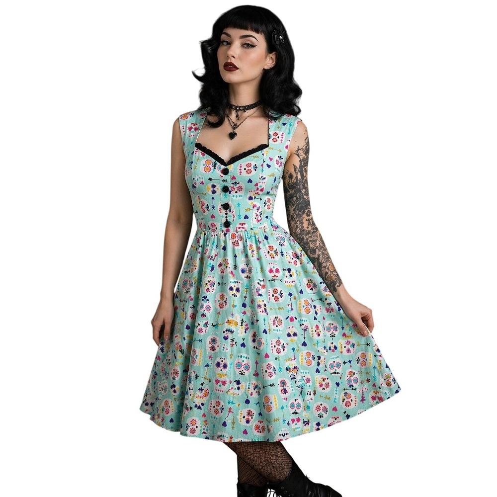 Folter Fit and Flare Dress Womens M Mint Sugar Skull Rockabilly Pinup Cottonr